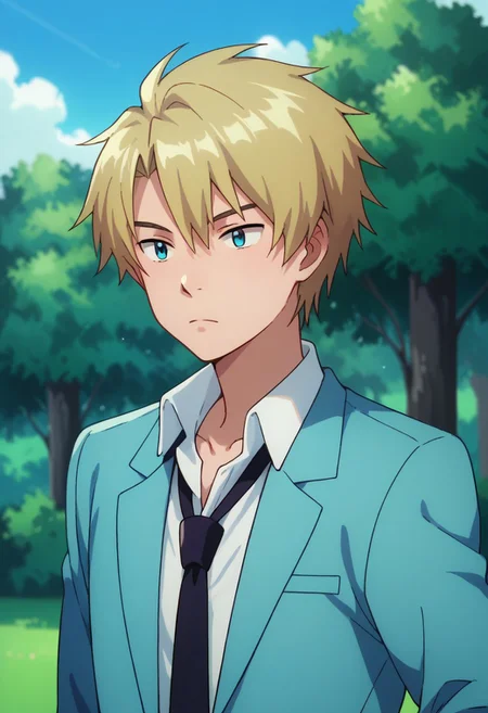 score_9, score_8_up, score_7_up, source_anime, highly detailed,
yamatri, 1boy, male focus, school uniform, solo, necktie, blonde hair, tree, day, sky, jacket, blazer, blue jacket,
shirt, white shirt, collared shirt, upper body,