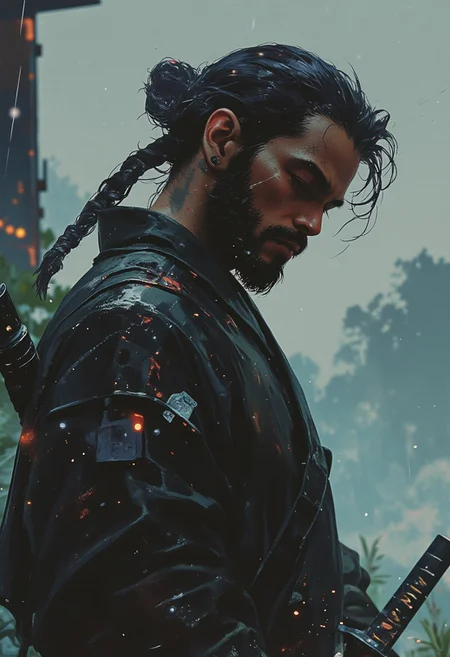 A hyper-realistic close-up scene of a rugged samurai, male, with a black overgrown beard and long, unkempt hair tied into a loose man bun. His head is bowed, eyes cast downward in silent despair, as rain falls heavily over him. Water streams down his weathered face and soaks into his dark, mud-streaked samurai robe. Strands of wet hair stick to his forehead, and his expression carries the weight of loss. Gripped loosely in his right hand, the hilt of his katana rests against the ground—its blade sheathed, slick with rain, and reflecting faint light through the mist. The background reveals a dense rainforest, blurred by thick fog and steady rainfall, creating a somber, introspective atmosphere around the weary warrior.