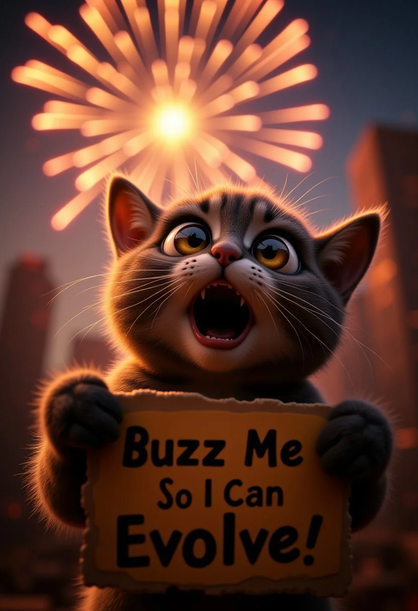 A cute cat, watching some fireworks with an over the top shocked facial expression, holding a sign  it says "Buzz Me So I Can Evolve!", realistic, cinematic shot, head tilted back, large eyes, pointing at the viewer,