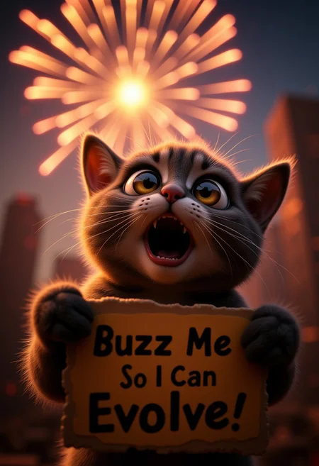 A cute cat, watching some fireworks with an over the top shocked facial expression, holding a sign it says "Buzz Me So I Can Evolve!", realistic, cinematic shot, head tilted back, large eyes, pointing at the viewer,