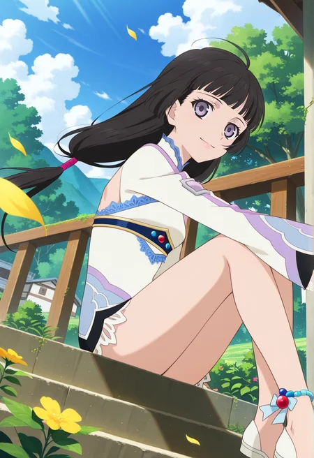 floating hair, light smile, yellow leaves, overgrown plants, stairs, sitting on stairs,
full body, dynamic angle,
BREAK,
<lora:kohak_illustriousXL_v03:1.4>
kohakdef, black hair, purple eyes, very long hair, blunt bangs, ahoge, low tied hair, twintails,
white bodysuit, long sleeves, wide sleeves, lace, back cutout, laced sleeves,
bare legs, long legs, white footwear, pointe shoes, flat shoes,
single anklet, blue anklet,, source_anime, very aesthetic, anime coloring, masterpiece,
best quality, amazing quality, ultra detailed, very aesthetic,
detailed background,
BREAK,, village, trees, flowers, clouds, day,