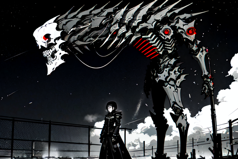 highly insanely detailed, masterpiece, top quality, best quality, highres, 4k, 8k, RAW photo, (very aesthetic, beautiful and aesthetic),  
tsutomu nihei,nihei_tsutomu,blame!,blame gakuen!,abara,TNstyle,sidonia_no_kishi,fence,tentacles,walkway,light particles,star \(sky\),starry sky,cables,tubes,industrial pipes,machinery,mist,steam,smoke,foggy,drainpipe,gauna,gauna mech,clouds,bones,letterboxed,buildings, 
<lora:ABARA:0.6>, 
(1girl:1.3), 
solo focus, 
pure cyan background,pure black background,pure red background,(multicolored background),âââ