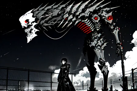highly insanely detailed, masterpiece, top quality, best quality, highres, 4k, 8k, RAW photo, (very aesthetic, beautiful and aesthetic),
tsutomu nihei,nihei_tsutomu,blame!,blame gakuen!,abara,TNstyle,sidonia_no_kishi,fence,tentacles,walkway,light particles,star \(sky\),starry sky,cables,tubes,industrial pipes,machinery,mist,steam,smoke,foggy,drainpipe,gauna,gauna mech,clouds,bones,letterboxed,buildings,
<lora:ABARA:0.6>,
(1girl:1.3),
solo focus,
pure cyan background,pure black background,pure red background,(multicolored background),âââ