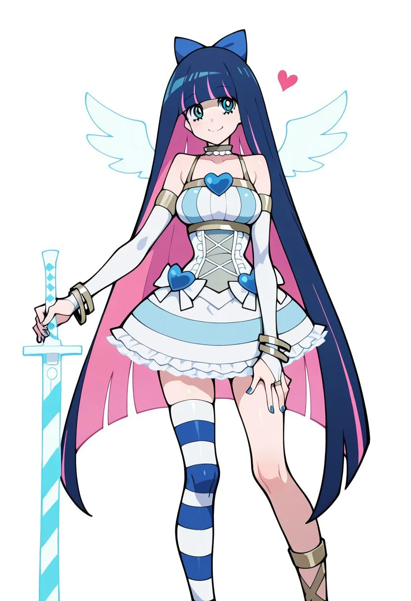 masterpiece,best quality,panty & stocking with garterbelt , anime screenshot, stocking (psg), big breasts, sexy,
patStocking, stocking anarchy,
yatatashira, stocking (psg), panty & stocking with garterbelt, absurdres, highres, 1girl, angel wings, blue bow, blue hair, blue nails, blunt bangs, bow, breasts, bridal gauntlets, collar, colored inner hair, dress, frilled dress, frills, gloves, green eyes, hair bow, hand on own thigh, heart, holding, holding sword, holding weapon, large breasts, long hair, mini wings, multicolored hair, pink hair, simple background, single thighhigh, smile, solo, spaghetti strap, striped clothes, striped thighhighs, sword, thighhighs, two-tone hair, very long hair, weapon, white background, white dress, wings
