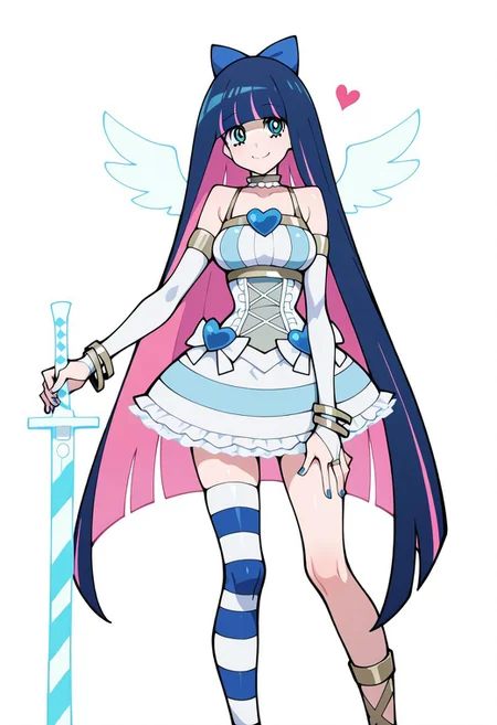 masterpiece,best quality,panty & stocking with garterbelt , anime screenshot, stocking (psg), big breasts, sexy,
patStocking, stocking anarchy,
yatatashira, stocking (psg), panty & stocking with garterbelt, absurdres, highres, 1girl, angel wings, blue bow, blue hair, blue nails, blunt bangs, bow, breasts, bridal gauntlets, collar, colored inner hair, dress, frilled dress, frills, gloves, green eyes, hair bow, hand on own thigh, heart, holding, holding sword, holding weapon, large breasts, long hair, mini wings, multicolored hair, pink hair, simple background, single thighhigh, smile, solo, spaghetti strap, striped clothes, striped thighhighs, sword, thighhighs, two-tone hair, very long hair, weapon, white background, white dress, wings