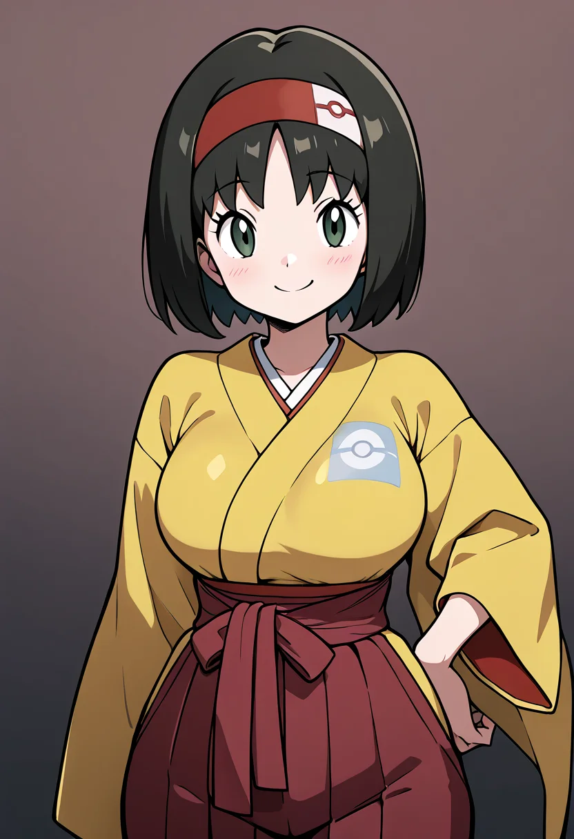 masterpiece, best quality, curvy, beautiful eyes, narrow waist, smile, looking at viewer, zzErika, erika (pokemon), green eyes, short black hair, kimono, Japanese clothes, hakama, red hairband, <lora:ErikaPokemon_IXL:1.0> cowboy shot, hand on hip, smug, smile, looking at viewer, shiny skin,
