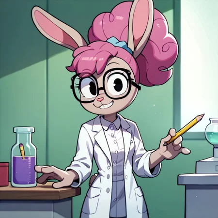 score_9, score_8_up, score_7_up BREAK DrAnnabelle, 1girl, anthro bunny, light brown fur, pink nose, pink curly hair, ponytail, pencil stuck in hair, light purple scrunchie, black eyes, glasses, white lab coat, light purple undershirt, cowboy shot, smiling at viewer,