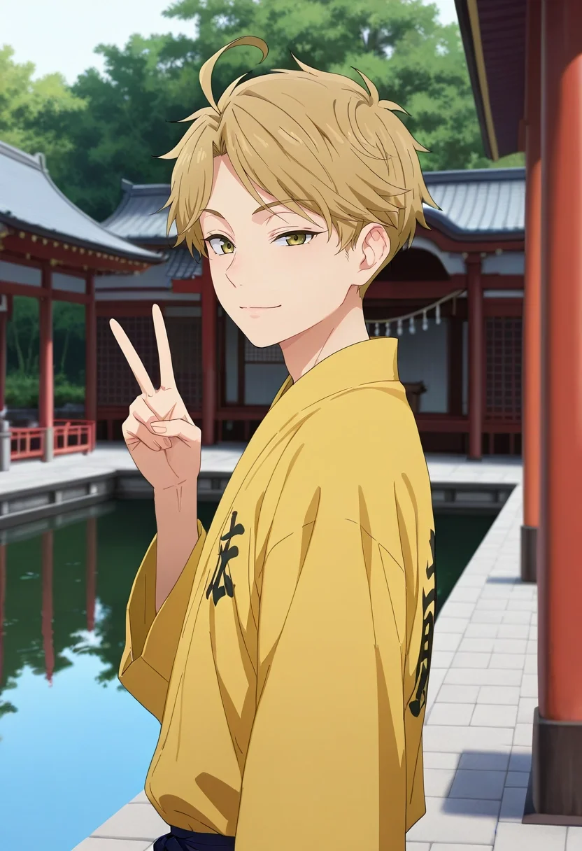 masterpiece, best quality, , (photorealistic:0.6), looking at viewer, 1boy, solo, male focus, <lora:yuuma_nikaidou_ilxl:0.96>, yuuma_nikaidou, blonde hair, yellow eyes, short hair, ahoge, from side, pond, arch, japanese architecture, noon, v, peace sign, squinting,