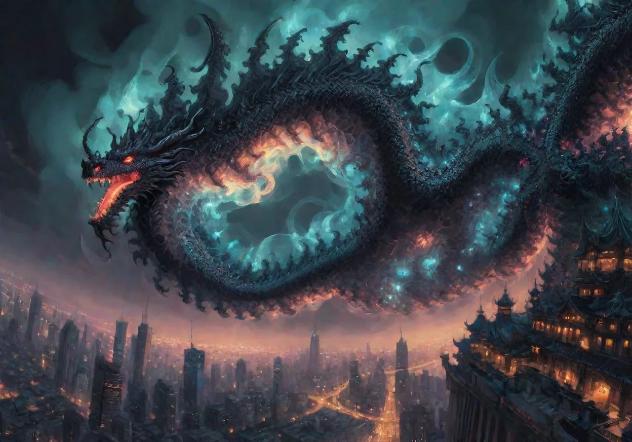 <lora:Frac_XL:1>, Frac_XL dragon with many heads on long necks, a colossal Frac_XL dragon with (glowing eyes:1.2) and a wavy glowing mane in a Asian city at night, body is covered with iridescent, (glowing scales arranged in Frac_xl patterns:1.2), skyscrapers darken the sky, illuminated the Frac_XL clouds, silhouettes of people watching the spectacle, (hazy, cloudy, foggy, eerie, ethereal:1.1), ultra detailed