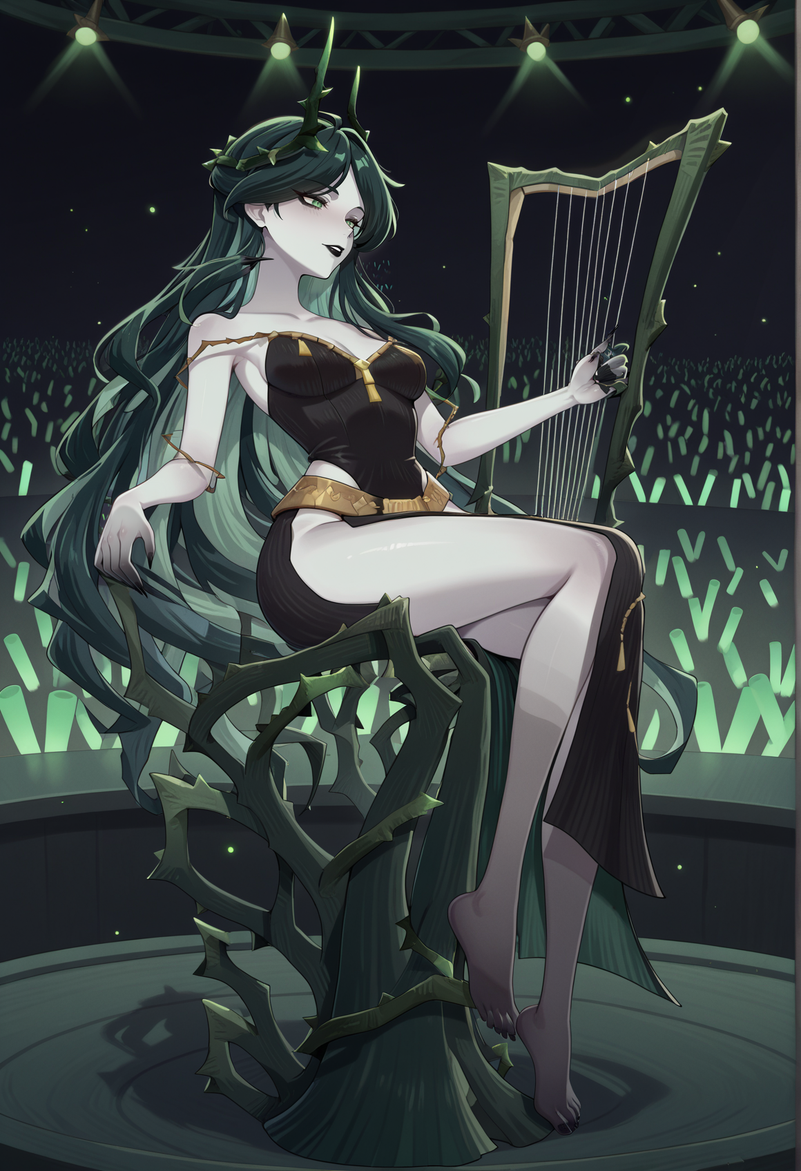 1girl, pale skin, makeup, green eyes, long hair, green hair, hair ornament, vines, thorns, lipstick, black lipstick, black dress, hip vent, side slit, sharp fingernails, barefoot, harp, sitting. stage, stage lights, audience, glowsticks, medium breasts  <lora:Cecia_AFK:1>, masterpiece, best quality, amazing quality, very aesthetic, absurdres, highres, newest