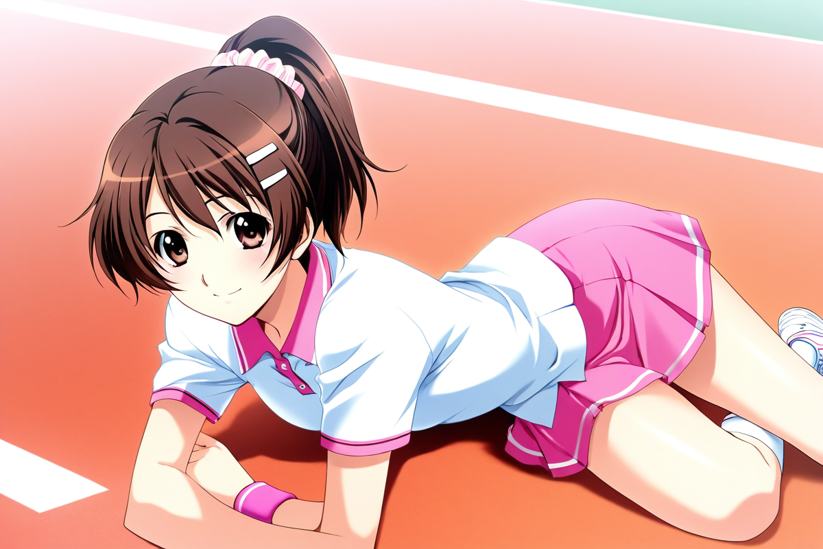 <lora:Niimi_Haruka_PHTKN_Illus:1>niimi haruka, outfit 3, tennis uniform, 1girl, solo, short hair, skirt, brown hair, shirt, brown eyes, standing, ponytail, outdoors, shoes, socks, kneehighs, scrunchie, white socks, wristband, sneakers, pink skirt, sportswear, polo shirt, cowboy shot, smile, untucked shirt, young adult, 1girl, looking at viewer,  seo kouji, laying on the floor, knee high, arms support, side view,