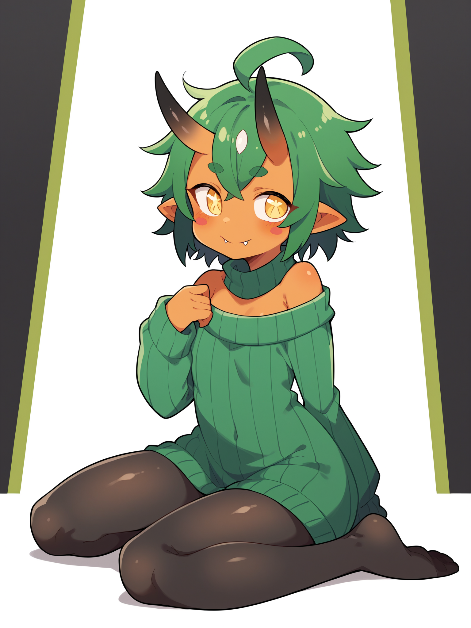 score_9, score_8_up, score_7_up, score_6_up, score_5_up, score_4_up, BREAK, source_cartoon, source_anime,
1girl, solo, (teal, green poncho, green dress, black pantyhose, ribbed tights, no shoes)
((sweater-dress)), (((pantyhose))), ((no-shoes)), ((messy-hair)), <lora:OgerXL-15:0.75> ogerpon, fangs, personification, green hair, messy hair, short hair, ahoge, black horns, blush stickers, yellow eyes, colored skin, orange skin, pointed ears, oni, little girl, flat chest