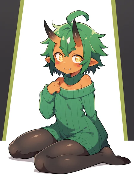 score_9, score_8_up, score_7_up, score_6_up, score_5_up, score_4_up, BREAK, source_cartoon, source_anime,
1girl, solo, (teal, green poncho, green dress, black pantyhose, ribbed tights, no shoes)
((sweater-dress)), (((pantyhose))), ((no-shoes)), ((messy-hair)), <lora:OgerXL-15:0.75> ogerpon, fangs, personification, green hair, messy hair, short hair, ahoge, black horns, blush stickers, yellow eyes, colored skin, orange skin, pointed ears, oni, little girl, flat chest