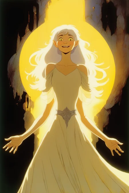 <lora:Ralph Bakshi Style:1>Ralph Bakshi Style - ralph bakshi animated movie cartoon stills of an elven girl with white hair, silver eyes, and a pale yellow dress, bright golden light coming from her outstretched hands