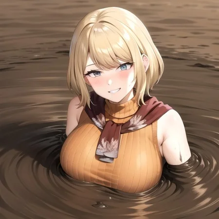 ashley graham, brown eyes, bangs, red scarf, (orange sweater:1.2), sleeveless turtleneck, green miniskirt, belt, pantyhose, (giantess breast:1.5), partially submerged, in mud, flooding up to the chest, upper body, (village:1.5), (mud:1.5), (pov:1.5), (raised eyebrows:1.2), :o, blush, (sinking:1.1), (seductive smile:1.5), hut,