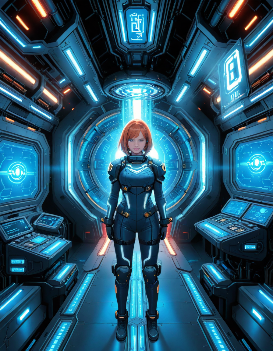 <lora:3ng1n3_r00m:1>,focus on woman face,A highly detailed and cinematic depiction of a confident woman standing in the 3ng1n3 r00m of a futuristic spaceship. She is wearing a sleek and advanced space uniform, with a metallic sheen and intricate details like glowing blue energy lines running along the seams of her suit. Her uniform is form-fitting, with visible patches indicating her rank and position. She has short, neatly cut hair, a determined expression, and a calm yet commanding presence.
The engine room around her is illuminated by a mix of bright white and soft blue lights, reflecting off the polished metallic surfaces of the machinery. Massive, glowing energy cores pulse with light in the background, emitting a soft hum. Pipes, cables, and control panels surround her, each detailed with futuristic textures and glowing interfaces. The room feels alive with motion, as small holographic displays and robotic arms work automatically. The overall mood is futuristic, highly technological, and awe-inspiring, with sharp contrasts between the cold metallic surfaces and the warm light from the energy cores.
The image is rendered in a hyper-realistic and cinematic art style, with an emphasis on intricate details, dramatic lighting, and rich textures.<lora:SDXLFaeTastic2400:0.4> <lora:extremely_detailed:0.4> extremely detailed,, Masterpiece,best quality,hi res,8k,hi res,8k,award winning,(sharp focus, intricate, highly detailed),