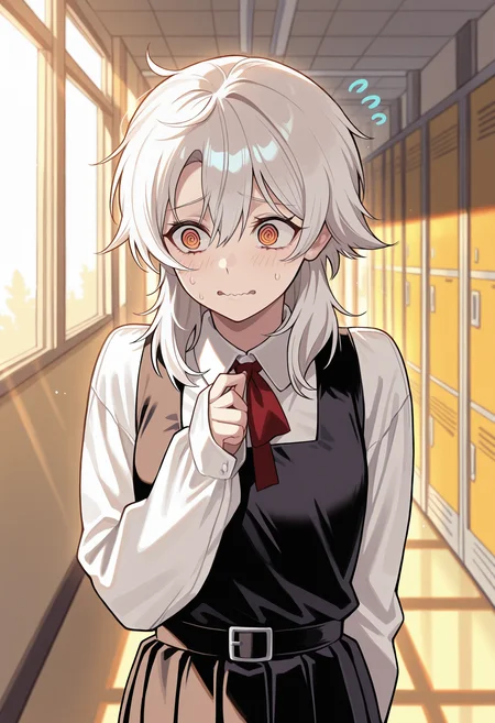 masterpiece,best quality,  red eyes, orange eyes, @ @, hair between eyes, medium hair,   school uniform, pinafore dress, white shirt,       worried, wavy mouth,     school, hallway, lockers, afternoon, sunlight,  <lora:Death_Devil_CSM_Manga:1>