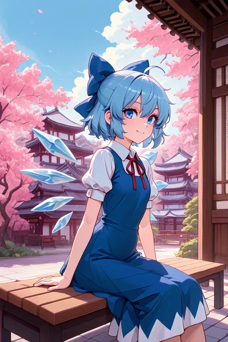 masterpiece, best quality, 1girl, solo, 21 year old model, eyelashes, (beautiful eyes), ,,, <lora:CirnoTouhouIXL:1.0>, zzCirno, blue eyes, hair between eyes, ahoge, blue hair, hair bow, short hair, blue dress, puffy short sleeves, white shirt, bow, wings, ice, short sleeves, ice wings, dress,,,,sitting on bench, side view, looking at viewer solo, smile, pnkBldng, sky, day, cloud, tree, blue sky, building, architecture, east asian architecture, <lora:PinkBuildingIXL_v2:1.0>,