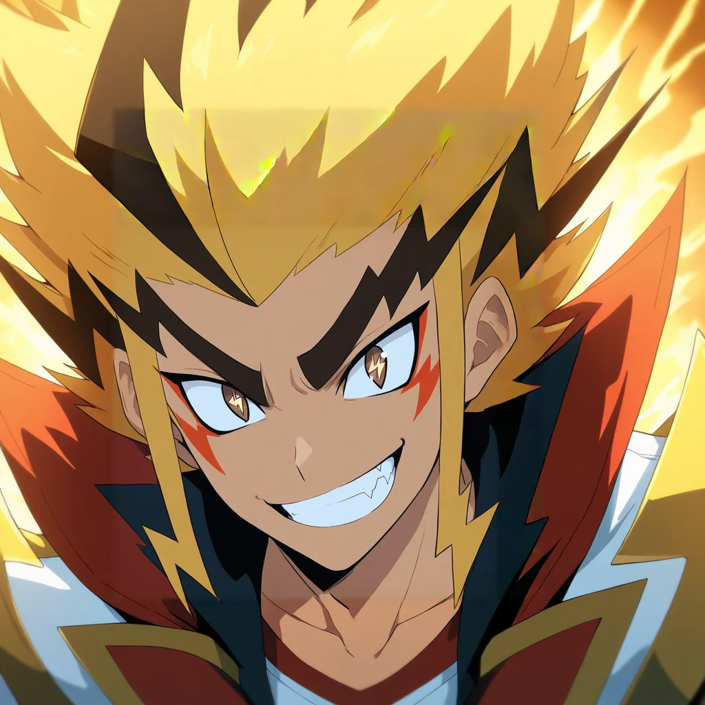 <lora:Bolt_Fuchigami:1>,bolt fuchigami,1boy,male focus,solo,smile,teeth,grin,clenched teeth,fang,looking at viewer,lightning bolt-shaped pupils,upper body,brown eyes,masterpiece,high score,great score,absurdres,