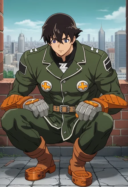 score_9, score_8_up, 1boy, yukiteru_amano's head, ggstpot's body, source_anime, anime screencap, anime coloring, 2d, zPDXL2, black hair, blue eyes, short hair, hair between eyes, huge male, ultra-muscular male, no helmet, green jacket, pants, boots, gauntlets, belt, spikes, outdoors, detailed background, cityscape, torn up pavement, cracked pavement, dynamic entry, crater, destroyed pavement, superhero landing, goofy expression, confident