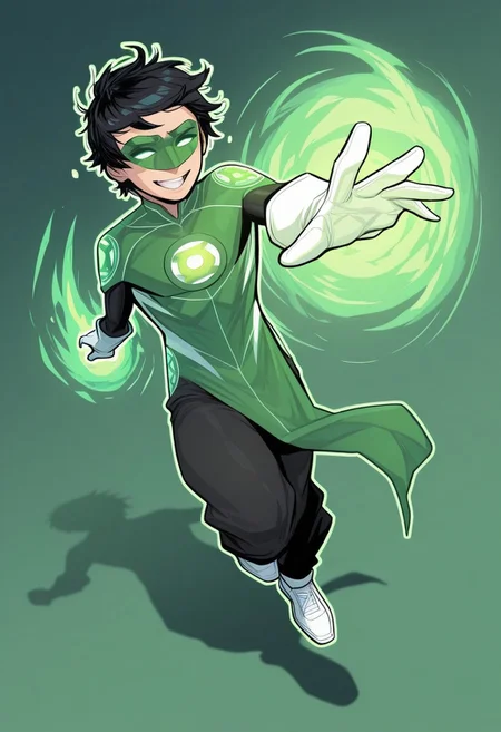 masterpiece, absurdres, high quality, perfect anatomy, 1boy, solo, cute boy, male focus, TaiPham, Black Hair, Green Lantern Ring, Green Lantern Costume, Green and Black Bodysuit, Green Domino Mask, White Eyes, White Gloves, Pelvic Curtain, Black Pants, White Shoes, Glowing Green Outline, Green Energy Aura, floating, levitating, big smile, cinematic, intricately detailed illustration, depth of field, masterpiece, best quality, amazing quality, very aesthetic, absurdres, newest, very awa,  shadow, dynamic angle, casual cosplay, dynamic pose, simple background, green theme, Arwe, Dynamism, Foreshortening