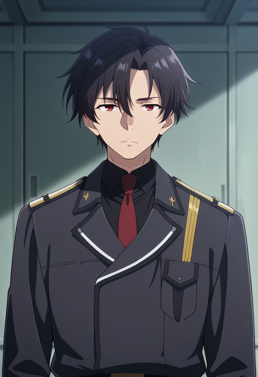 masterpiece,best quality,amazing quality, source_anime, 
ShineiNouzen, 1boy, male focus, solo, red eyes, black hair, scar on neck, military uniform, shirt, black shirt, collared shirt, necktie, red necktie, jacket, black jacket,