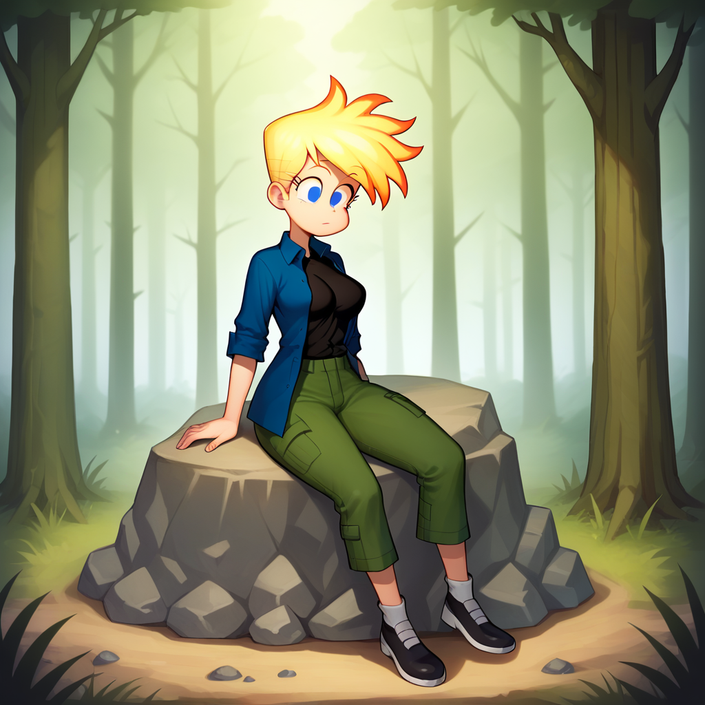 score_7_up, BREAK, 1girl, solo, jenny, blonde hair, blue eyes, black shirt, open blue shirt, open shirt, pants ,  <lora:JennyTest_XL_Leaf1:0.8>,  forest,  sitting on rock