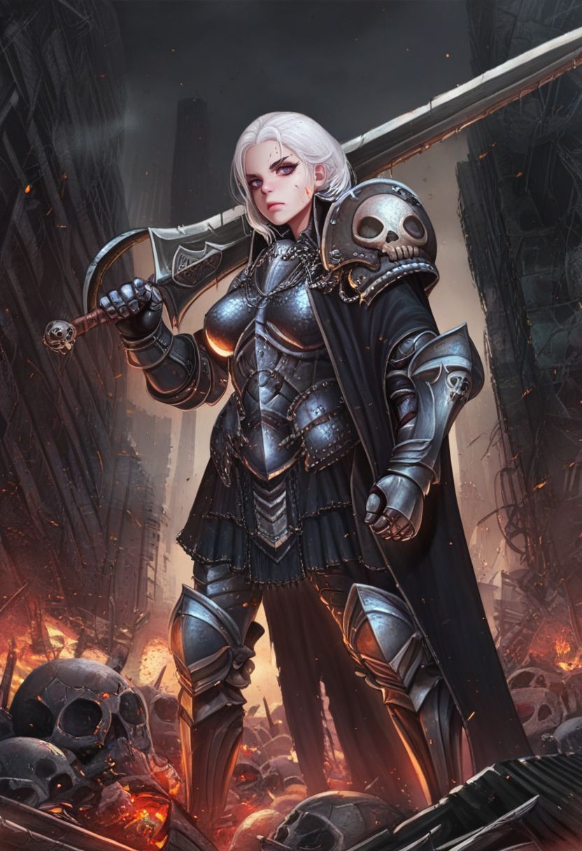 illustriouskyuyong, masterpiece, best quality, highres, absurdres BREAK 1girl, skull armor, armor with skull and crossbones, cape, armored boots, boots, breasts, gauntlets, pauldrons, shoulder armor, solo, standing, sword, weapon over shoulder, white hair, post-apocalypse, gothic architecture, destroyed cars, destruction, fire, <lora:Kyu_Yong_Eom_Style_-_Illustrious:1>