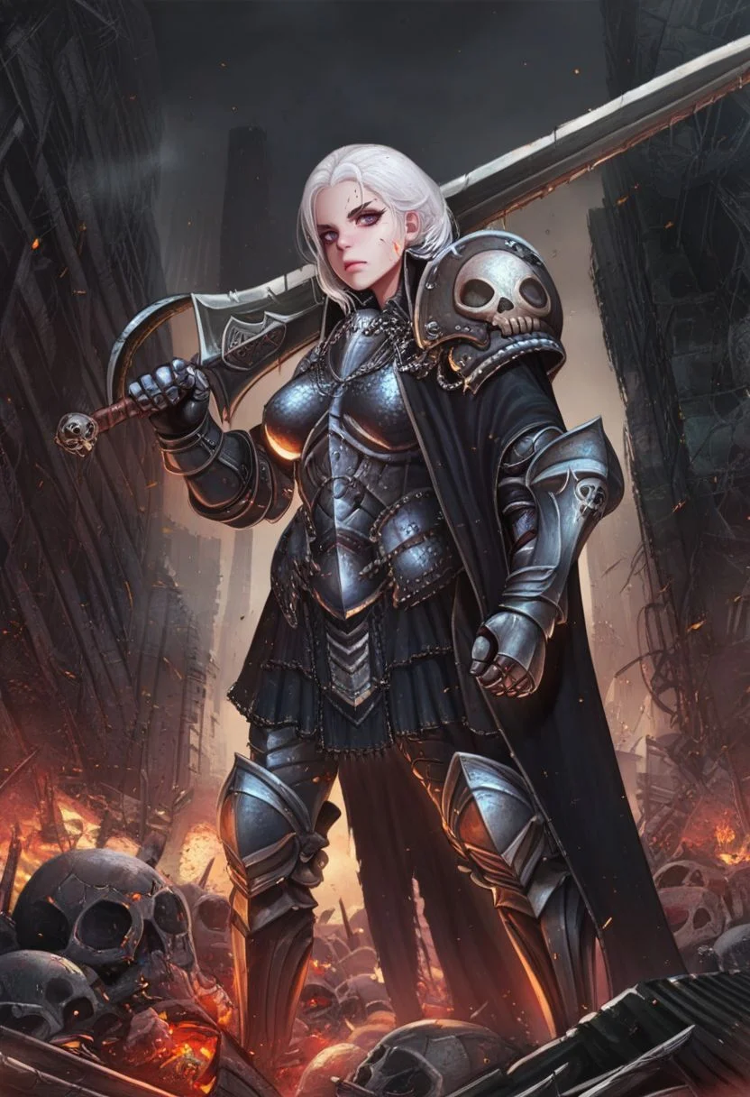 illustriouskyuyong, masterpiece, best quality, highres, absurdres BREAK 1girl, skull armor, armor with skull and crossbones, cape, armored boots, boots, breasts, gauntlets, pauldrons, shoulder armor, solo, standing, sword, weapon over shoulder, white hair, post-apocalypse, gothic architecture, destroyed cars, destruction, fire, <lora:Kyu_Yong_Eom_Style_-_Illustrious:1>