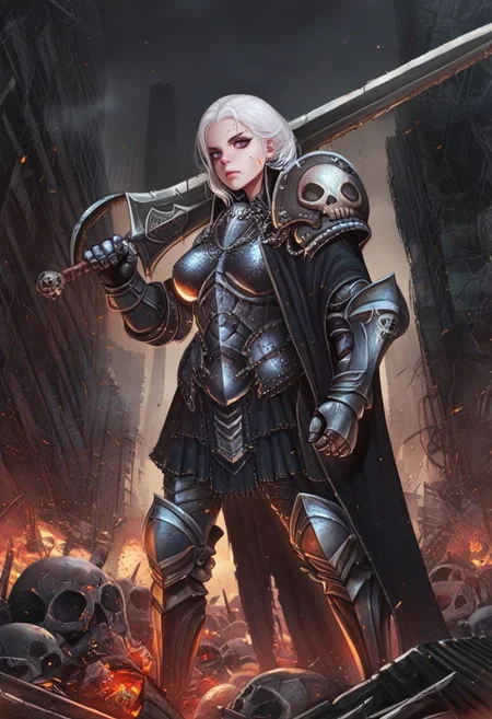 illustriouskyuyong, masterpiece, best quality, highres, absurdres BREAK 1girl, skull armor, armor with skull and crossbones, cape, armored boots, boots, breasts, gauntlets, pauldrons, shoulder armor, solo, standing, sword, weapon over shoulder, white hair, post-apocalypse, gothic architecture, destroyed cars, destruction, fire, <lora:Kyu_Yong_Eom_Style_-_Illustrious:1>