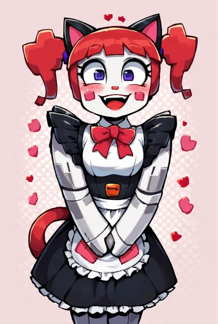 score_9, score_8_up, score_7_up, best quality, good quality ,, character focus, solo, , best quality,   <lora:circbab-08:1> circbab, solo, robot, red hair, twintails, 1girl, open eyes, detailed background, Simple pink background, maid outfit, maid dress, car ears, cat tail, open arms, smiling, winking, blushing, expecting hug,