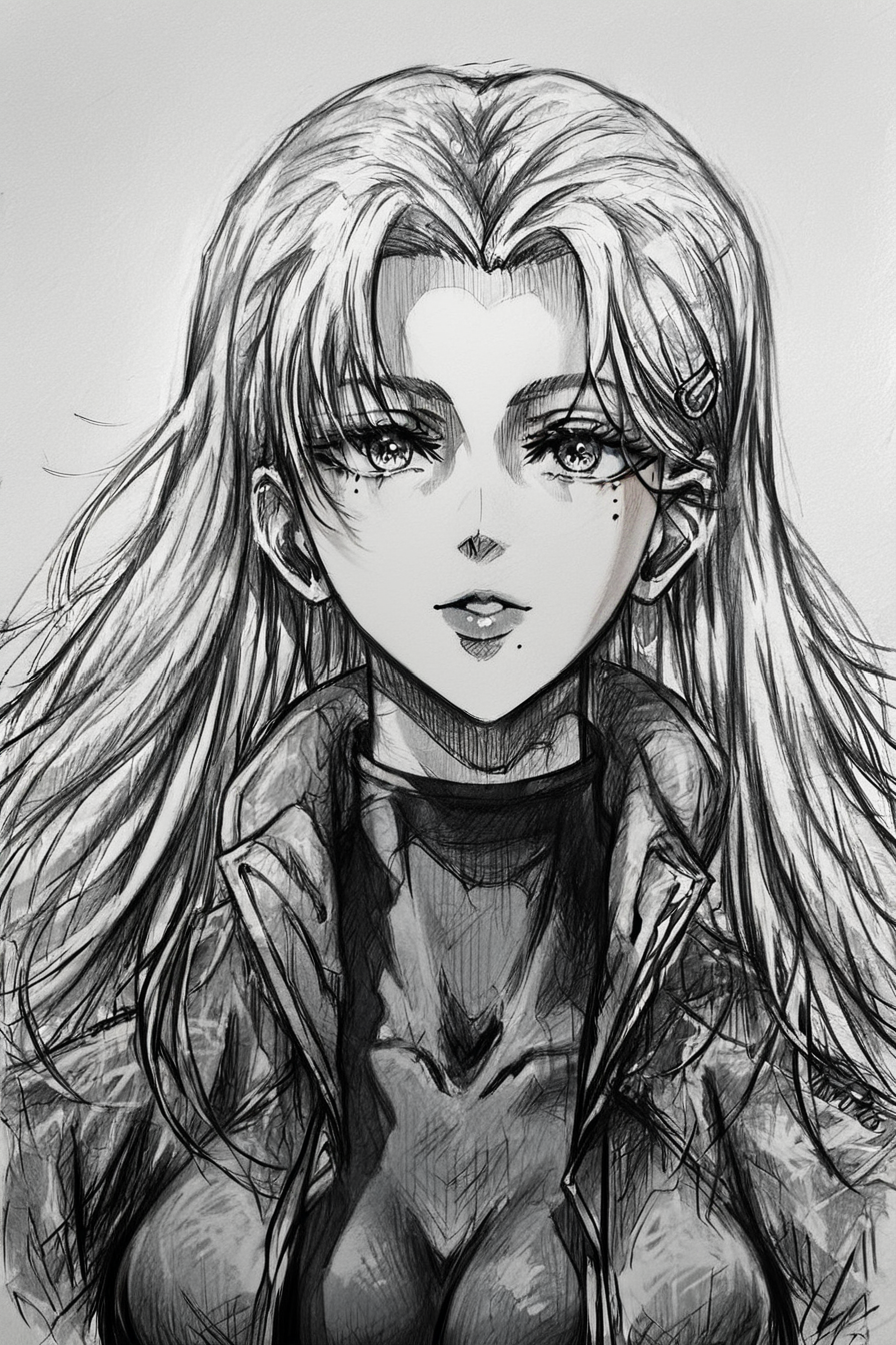 score_9, score_8_up, score_7_up, score_6_up, score_5_up, score_4_up, <lora:Miu_Furinji-000006:0.7> , miu, white hair, long hair, mole under right eyes, slim waist, large breast, jacket, bodysuit, hairclip, <lora:drawing_style_pony:1>, drawing_style, drawing, sketch, 1girl, solo, alone, lines drawing, monochrome, greyscale, masterpiece, highres