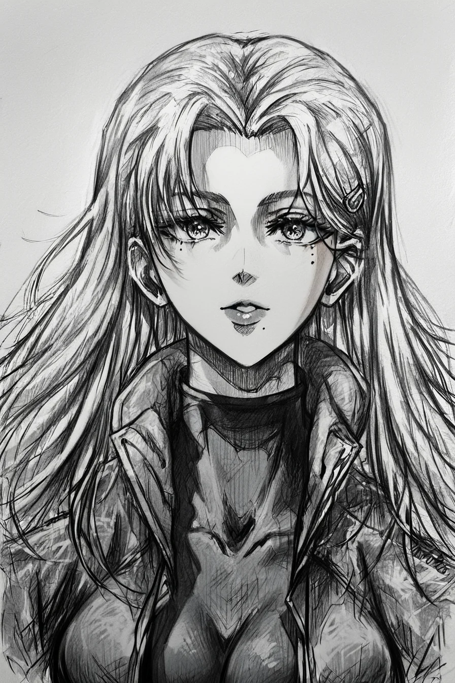 score_9, score_8_up, score_7_up, score_6_up, score_5_up, score_4_up, <lora:Miu_Furinji-000006:0.7> , miu, white hair, long hair, mole under right eyes, slim waist, large breast, jacket, bodysuit, hairclip, <lora:drawing_style_pony:1>, drawing_style, drawing, sketch, 1girl, solo, alone, lines drawing, monochrome, greyscale, masterpiece, highres