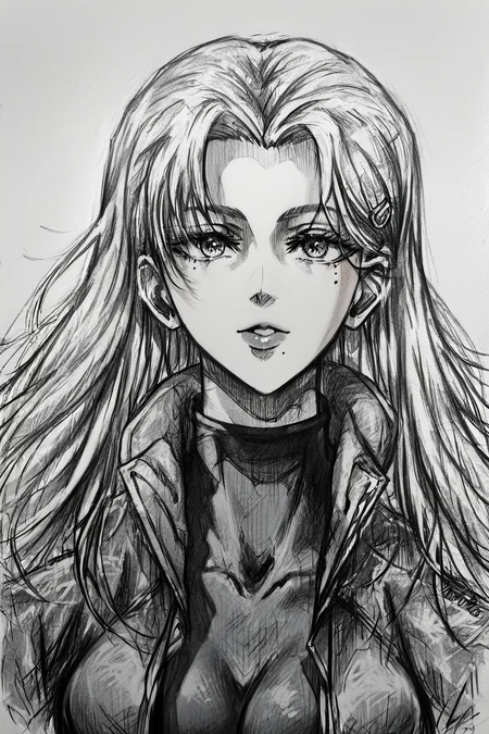 score_9, score_8_up, score_7_up, score_6_up, score_5_up, score_4_up, <lora:Miu_Furinji-000006:0.7> , miu, white hair, long hair, mole under right eyes, slim waist, large breast, jacket, bodysuit, hairclip, <lora:drawing_style_pony:1>, drawing_style, drawing, sketch, 1girl, solo, alone, lines drawing, monochrome, greyscale, masterpiece, highres
