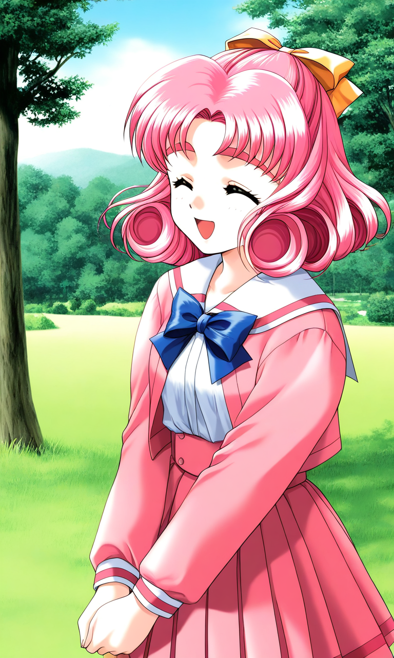 general,highres, ultra-detailed,very aesthetic,best quality ,best hands, BREAK <lora:Minagawa_Nana_kakyuusei_Ver2.0_IS:1>
Minagawa_Nana(kakyuusei), 1girl, solo, pink hair, short hair, hair bow, ribbon, closed eyes, curly hair, 
school uniform, long sleeves, bangs, pink skirt, pink jacket, pleated skirt, blue bow, white shirt,
smile, v arms, cowboy_Shot, open jacket,
open mouth,
grass, tree, sky, day,