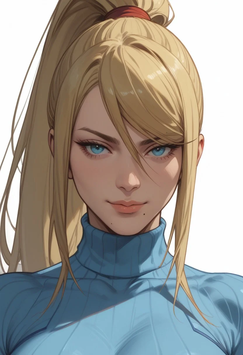 score_9, score_8_up, score_8, score_7_up, score_7, ((close up)), face focus, Expressiveh
BREAK
1girl, solo, defSamus, blonde hair, long hair, high ponytail, mole under mouth, large breasts, looking at viewer, head tilt, seductive look, aroused, horny, standing, light blue ribbed turtleneck sweater, light smile
BREAK
white background