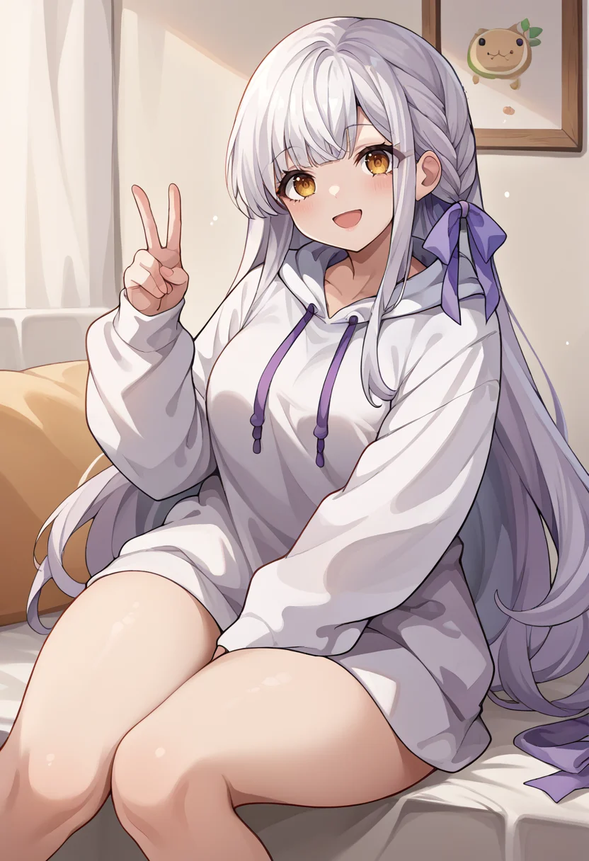 score_9, score_8_up, source_anime, 1girl, solo, KonKanaho, white hair, long hair, braid, hair ribbon, purple ribbon, smile, open mouth, white hoodie, long sleeves, oversized hoodie, bottomless, thick thighs, v, indoors, <lora:ChamKonKanahoPonyXL:1>