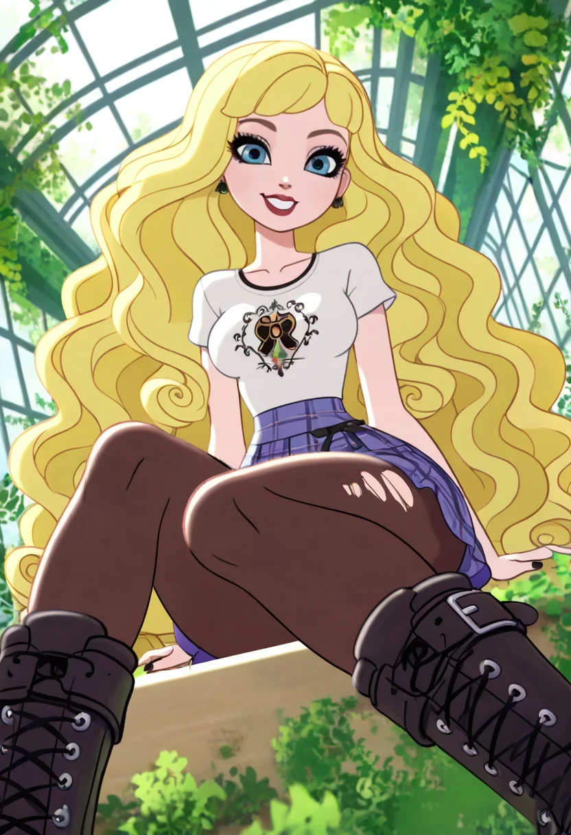 masterpiece, best quality, solo, curvy, beautiful eyes,  narrow waist, wide hips, smile, looking at viewer, zzBlondie, blue eyes, blonde hair, curly hair, long hair, wavy hair,  ,     <lora:BlondieLockesEAH_IXL:0.8>,  dynamic angle, foreshortening, close up, [Garden Punk Reverie], Ripped tights, plaid skirt, combat boots, oversized band tee, black nail polish, Lounging in an overgrown greenhouse, surrounded by vines, cracked glass, and soft sunlight.