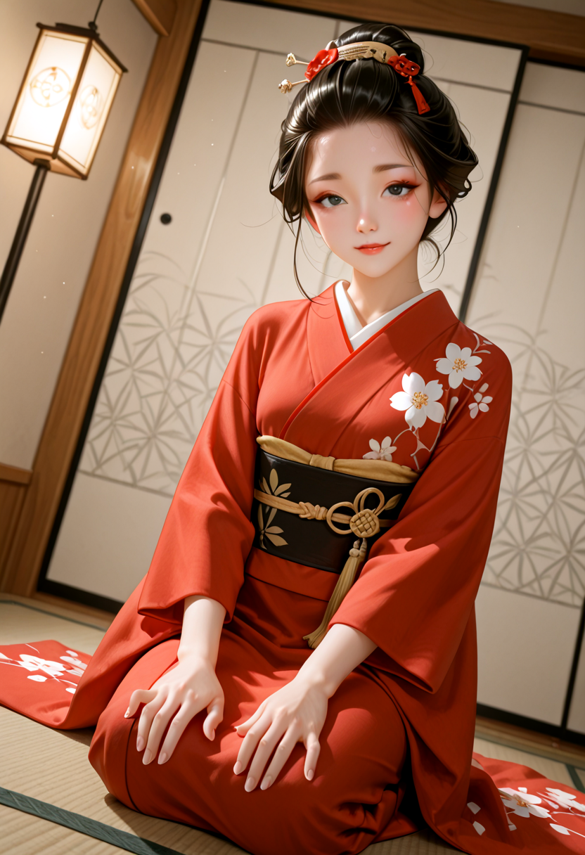 IllusP0s, masterpiece, best quality, amazing quality, very aesthetic, absurdres, newest, ((dynamic angle:1.4)), (detailed eyes),((ultra detailed hair:1.4))
BREAK
1girl,solo, ka0ru-1zud,black eyes, <lora:Kaoru_-_Izu_Dancer_-_AI_Challenge:0.5>, (White skin makeup:0.6), J_hairstyle, (sparkling eyes:0.8), ((nihongami)), ((hair bun:1.4)), ((hair pulled back)),(Sparkle eyes:1.3)
dark obi,((long kimono drags ground)),,(((red kimono:1.4))), ((geisha kimono)),(((Long-hemmed kimono:1.4))),Knee-length slits,tabi
Tension, anxiety ,Preparation for Japanese dance
BREAK
1736, Japan,  drinking and banquet room, pine-patterned shoji screen, tatami mats, lanterns, large folding screen with cranes, ((dark:0.8)), lantern lighting
seiza, shamisen, face focus, Palms on feet