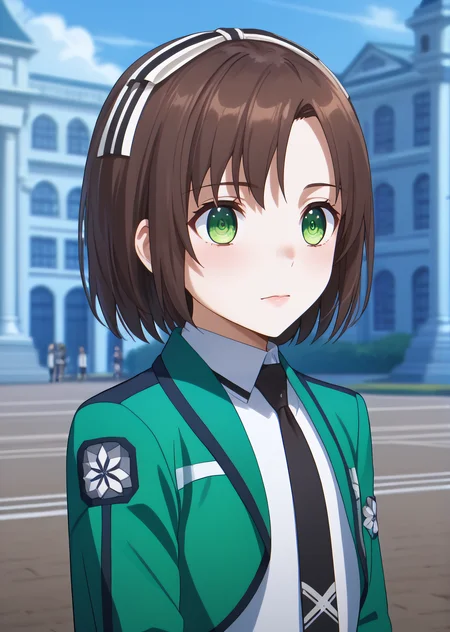score_9, score_8_up, score_7_up, score_6_up, rating_explicit, source_anime, cinematic shadow, cinematic light, cute and sensitive, soft skin, characters focus, detailed eyes, detailed skins, <lora:StS_age_slider_v1_initial_release:-1>, <lora:StS_detail_slider_v1:3> , <lora:Saegusa_Izumi:1>izumi, brown hair, eyebrows visible through hair,bangs, short hair,green eyes, hair ribbon, school uniform, sleeveless white dress, black necktie, green jacket, outdoors,