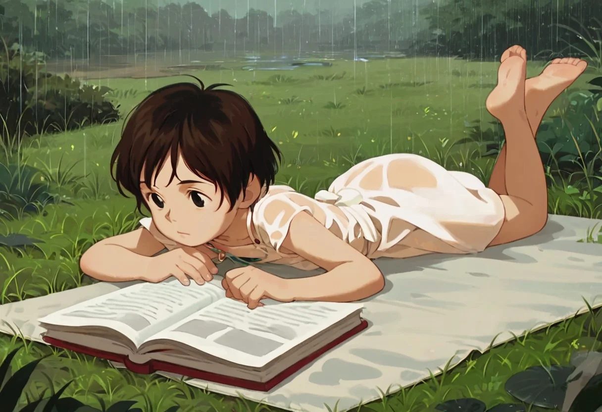 score_9, score_8_up, score_7_up, score_6_up, score_5_up, score_4_up, official art, source_anime, anime screencap, ghibli_style, (Perfect Hands and fingers), (Perfect feet and perfect toes), perfecteyes, posmach, perfectly detailed face and body and eyes, perfect mouth, Satsuki_Kusakabe, brown hair, short hair, black eyes, 1girl, flat chest+++, white dress, sundress, wet dress, no pants, barefoot, solo, lying, rain, on_stomach, laying on stomach, reading book, book, soles, outdoors, grass, outside