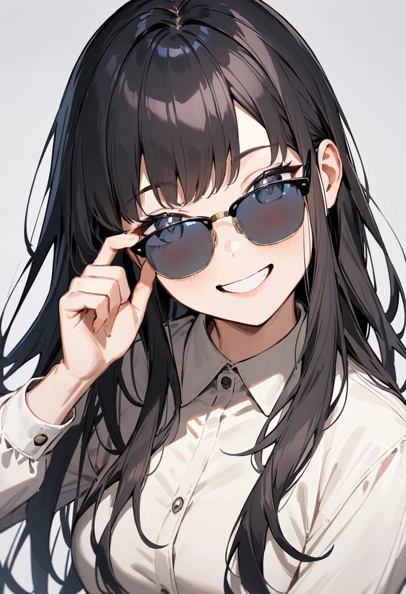 masterpiece, best quality, very aesthetic, absurdres,
1girl, solo, black hair, long hair,
sirmont, sunglasses, grey-tinted eyewear,
collared shirt, happy, smile, looking at viewer, adjusting eyewear, white background, simple background,
<lora:sunglasses_CLUBMASTER_SDXL_V1:1>
