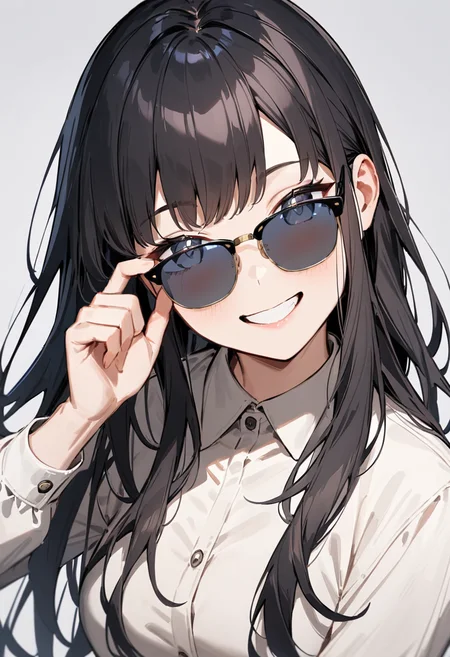 masterpiece, best quality, very aesthetic, absurdres,
1girl, solo, black hair, long hair,
sirmont, sunglasses, grey-tinted eyewear,
collared shirt, happy, smile, looking at viewer, adjusting eyewear, white background, simple background,
<lora:sunglasses_CLUBMASTER_SDXL_V1:1>