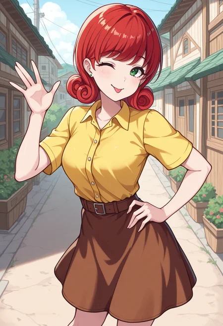 masterpiece, best quality, solo, 1girl, <lora:NSPennyStardewIllu:1> NSPennyBase, green eyes, medium hair, red hair, curly hair, green earrings, stud earrings, yellow shirt, collared shirt, short sleeves, brown skirt, hand on hip, waving, rural town, smile, one eye closed, tongue out