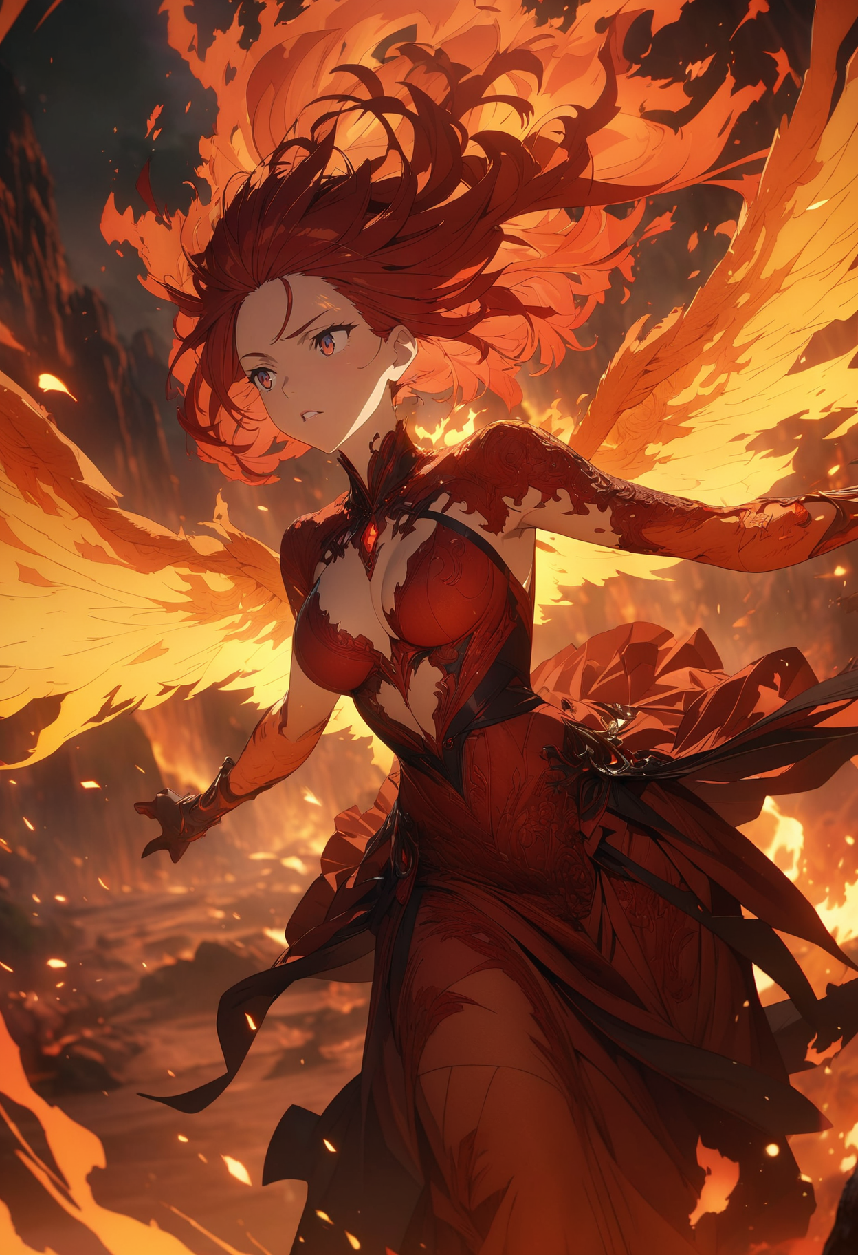 gorgeous lips, (masterpiece), (best quality), (ultra-detailed), very aesthetic, illustration, perfect composition, intricate details, absurdres, detailed face, (anime, masterpiece, intricate:1.3), (best quality, hires textures, high detail:1.2), (4k),(incredibly detailed:1.4),
(solo), red hair, female phoenix, floating, flying, fiery wings, inferno, fire, flames, lava made, translucent, fantasy, glowing,