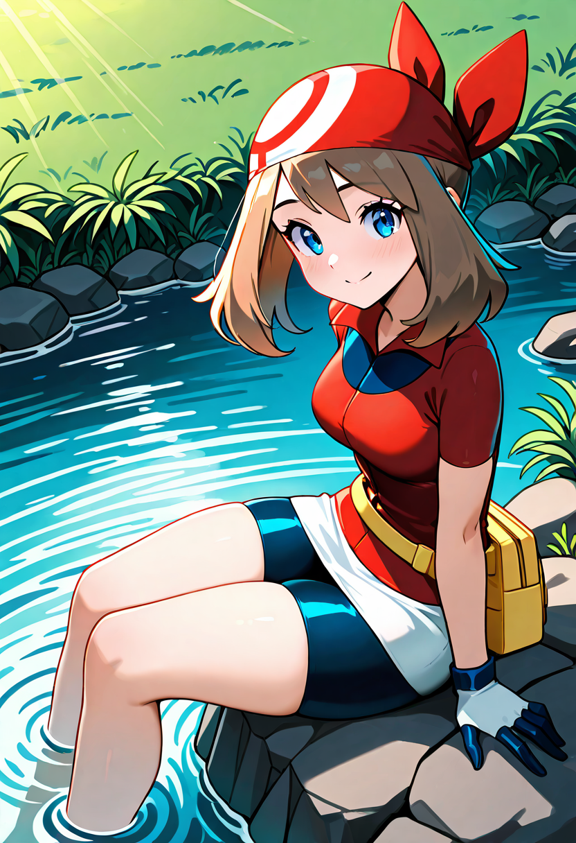 masterpiece, best quality, medium breasts, (curvy),    <lora:MayPokemonIXL_v2:1.0>,  zzMay, may (pokemon), solo, brown hair, blue eyes, medium hair, red shirt, bike shorts, red bandana, gloves, white miniskirt, yellow belt, sitting on a rock, lakeside, gentle breeze, reflective water, warm sunlight, relaxed expression, looking at viewer, smile, side view, from above, â Sitting on a smooth rock by the crystal-clear lake, May leans back on her hands, letting out a soft sigh of contentment. The afternoon sun glistens on the rippling water, creating shimmering reflections that dance across her red shirt and white miniskirt. Her red bandana keeps her brown hair neatly in place, though a few strands escape to sway in the light breeze. Her blue eyes gaze at the distant horizon, lost in thought, while her gloved fingers idly trace patterns on the stone beneath her. The sounds of water lapping against the shore and distant PokÃ©mon calls make for a peaceful, fleeting moment of serenity before her next journey begins.