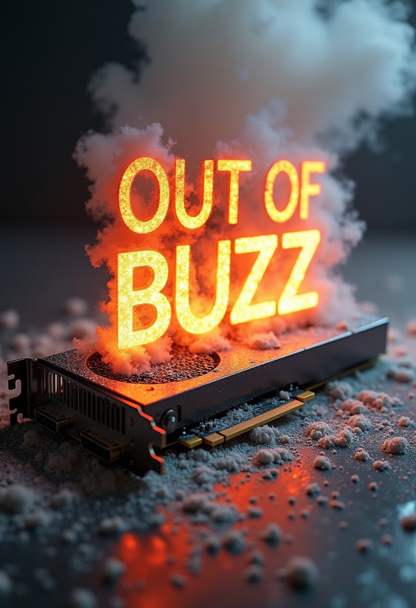 flashy title words "OUT OF BUZZ" and "ngl ts pmo fr rn" at the top. a nvidia graphics card gpu burned and fuming. white dust and smoke in a silver background,