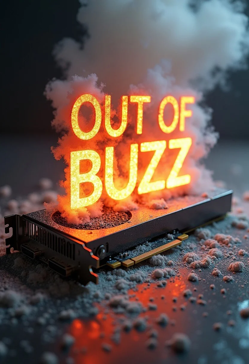 flashy title words "OUT OF BUZZ" and "ngl ts pmo fr rn" at the top. a nvidia graphics card gpu burned and fuming. white dust and smoke in a silver background,