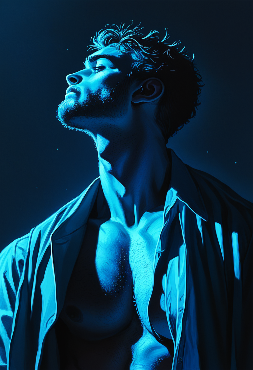 score_9, score_8_up, score_7_up, score_6_up, 1boy, stubble, open shirt, upper body, profile, dark background, blue theme, s1_dram