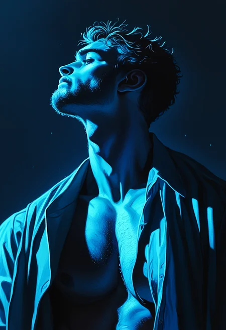 score_9, score_8_up, score_7_up, score_6_up, 1boy, stubble, open shirt, upper body, profile, dark background, blue theme, s1_dram